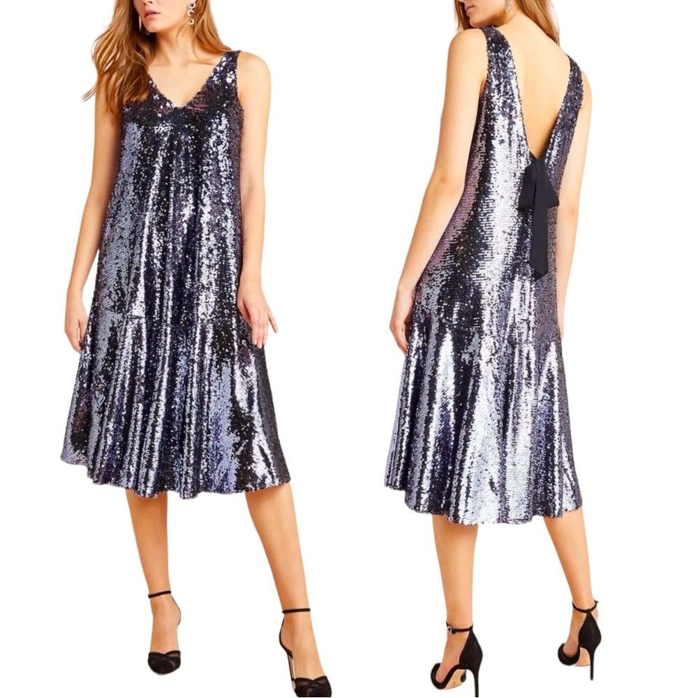 Anthropologie Metallic Silver Midi Dress